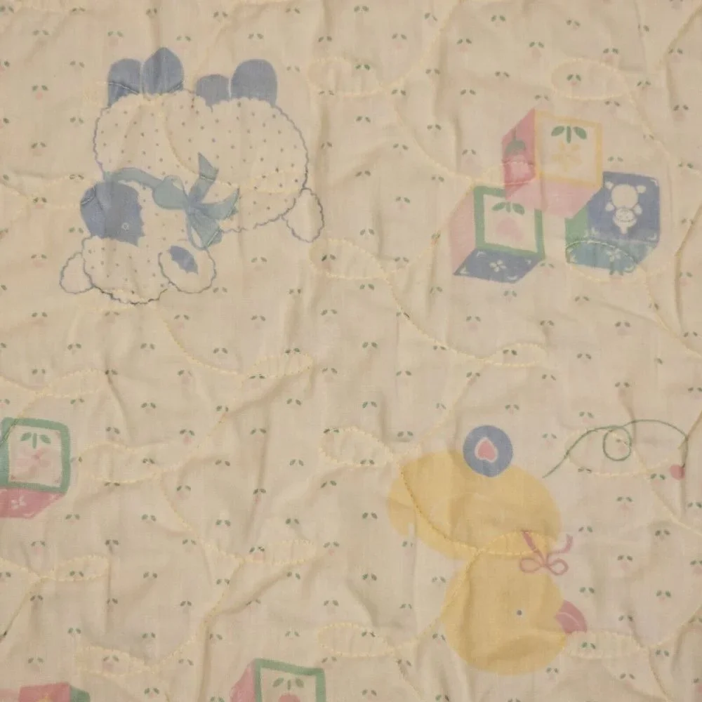 Vintage‎ Light Yellow Baby Blanket ABC Animals Quilted Eyelet Lace Trim 43 X 58